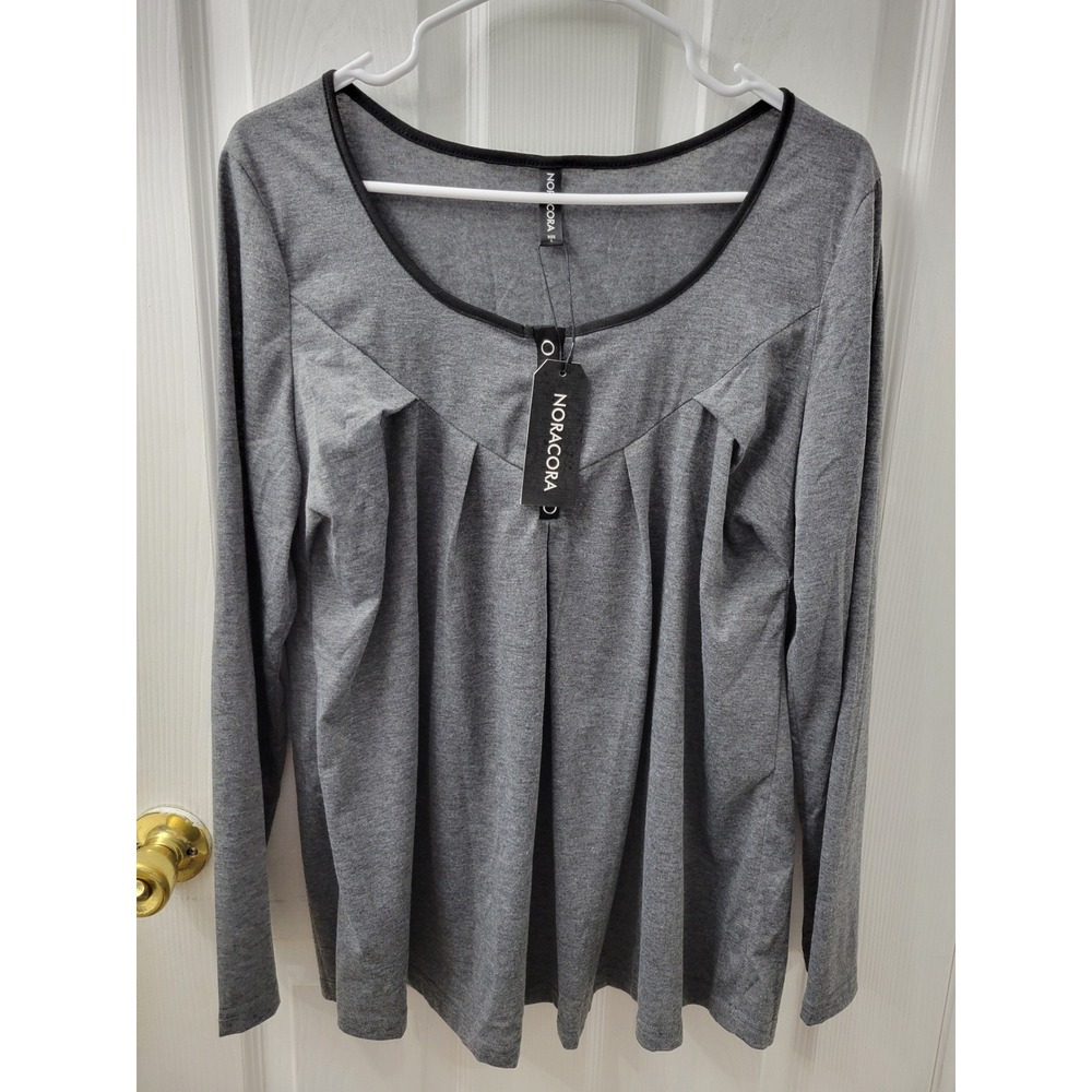Noracora Womens Heather Grey Pleated Scoop Neck Long Sleeve Jersey Top Large NEW